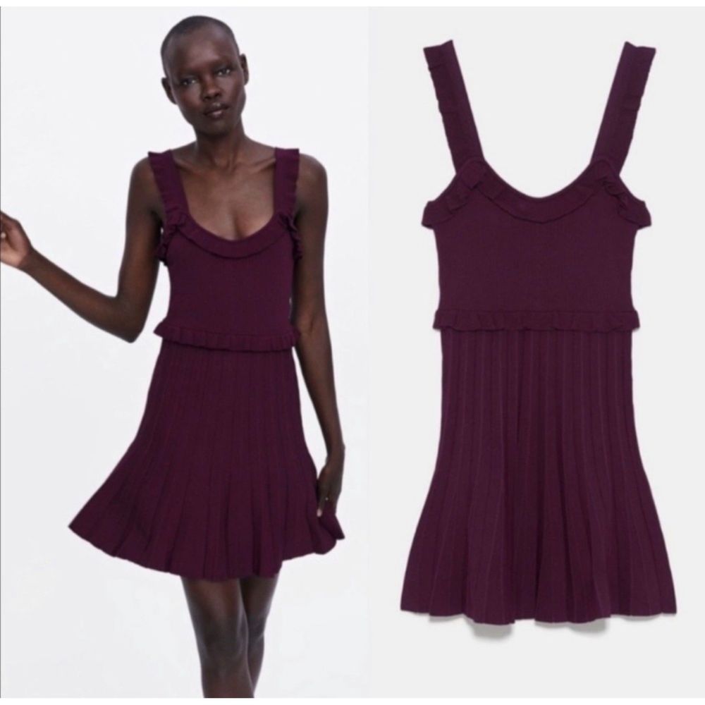 ZARA Burgundy Sleeveless Drop Ruffle Details Waist Mini Dress
